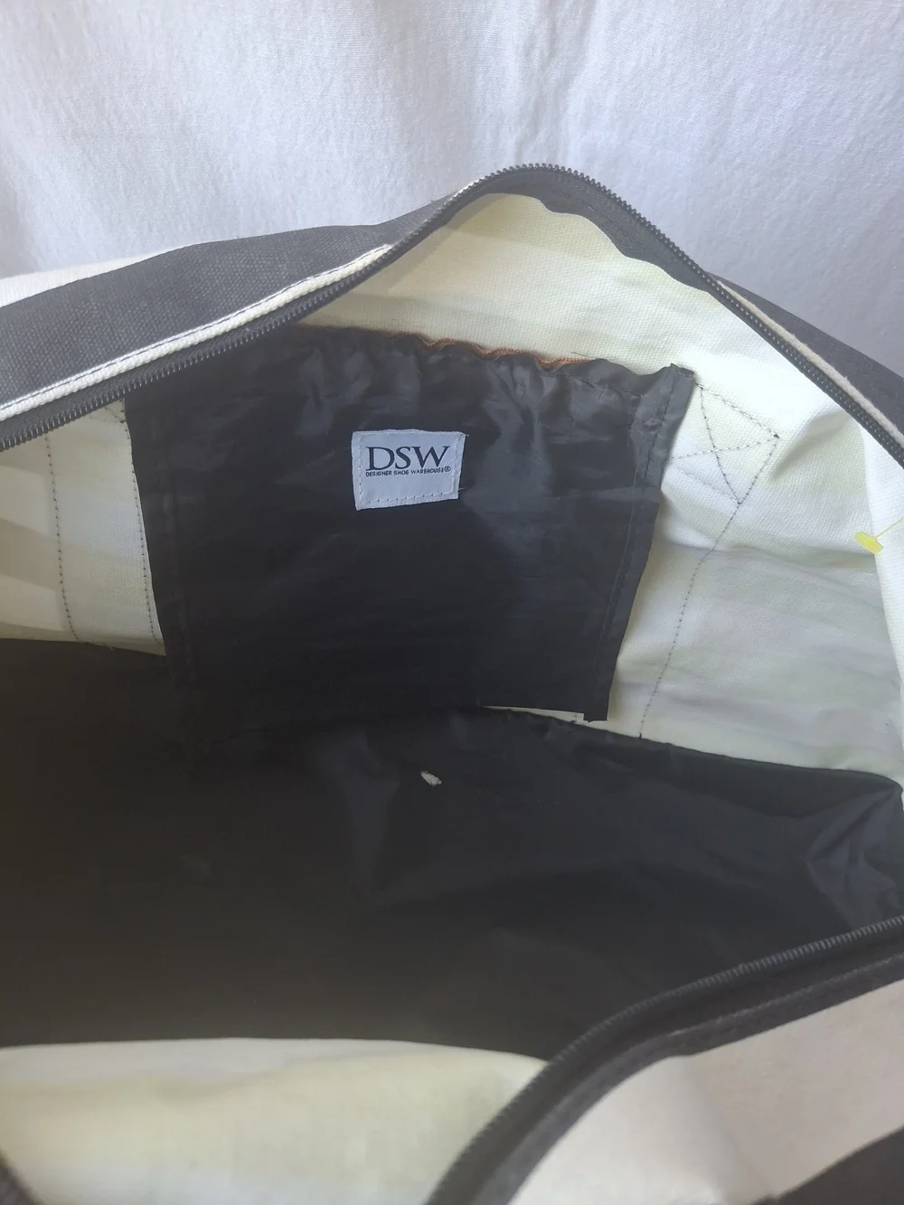 DSW Black & White Striped Weekender with Tan Base